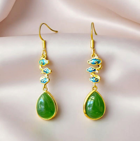 A pair of Hetian jade teardrop enamel auspicious cloud earrings – Classic Chinese style, elegant and lively, bringing good fortune and happiness.