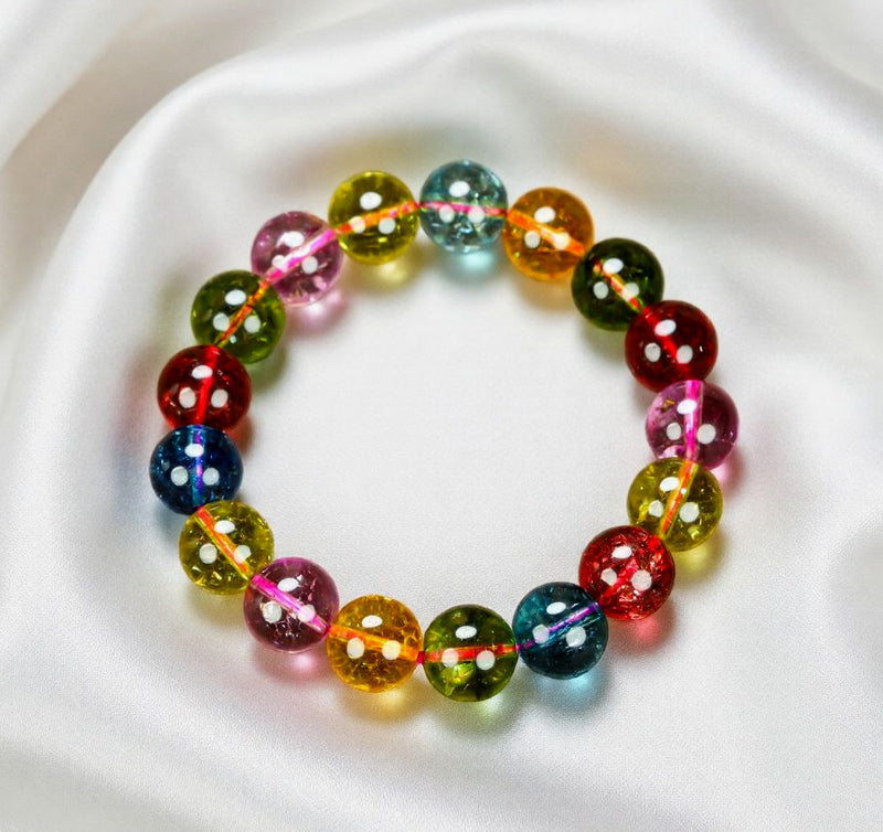 Multicolored Transparent Large Round Bead Elastic Bracelet – Red, Pink, Blue, Olive Green, Orange, Yellow, and Other Multicolored Tourmaline, Crystal Clear