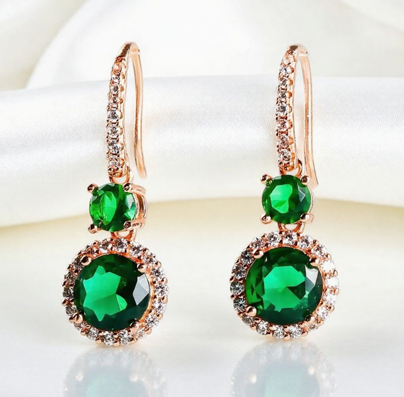 Emerald double crystal rose gold earrings, studs and drops, set with white vanadium, come in a beautiful gift box.