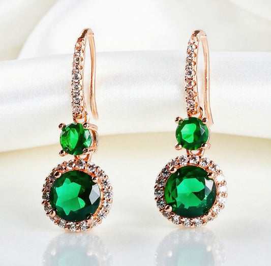 Emerald double crystal rose gold earrings, studs and drops, set with white vanadium, come in a beautiful gift box.