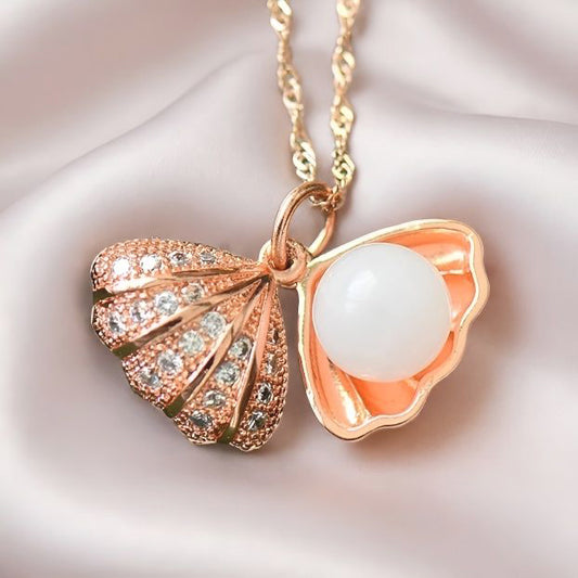 Rose Gold Shell and Hetian Jade Necklace – Featuring Zircon Accents Set Along the Shell; The Perfect Gift for Yourself or a Loved One.