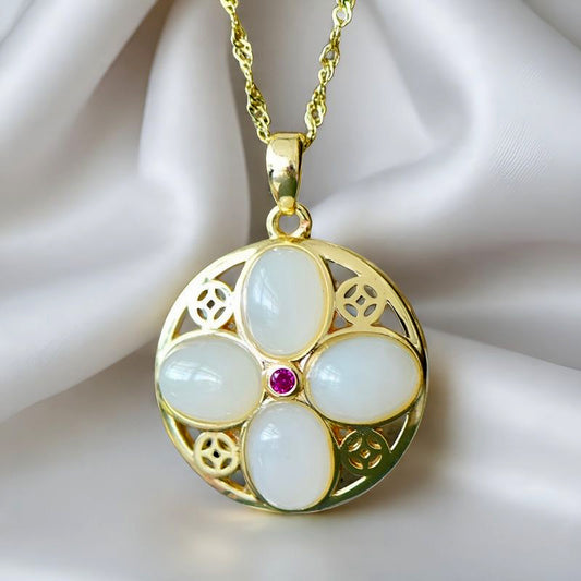 Hetian Jade Four-Petal Flower Pendant Necklace – A symbol of wholeness, auspiciousness, prosperity, and elegance. Comes with an exquisite gift box