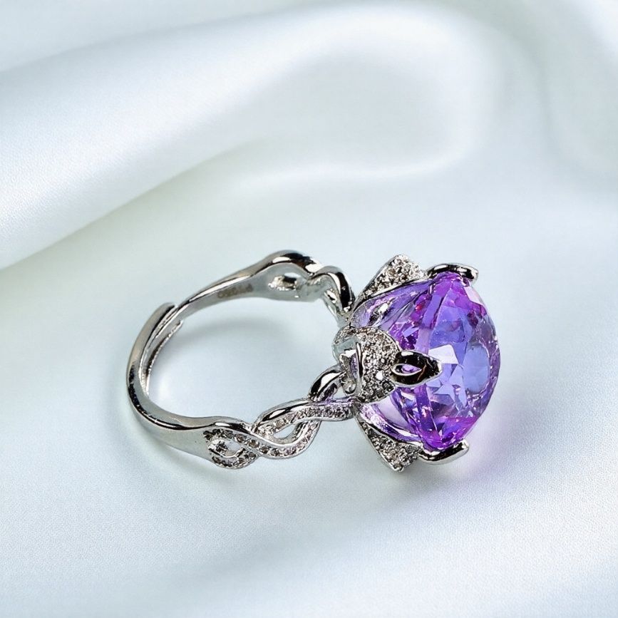 Amethyst large round gemstone vine ring, silver openwork vine band, embellished with white zircon, comes in an exquisite gift box.