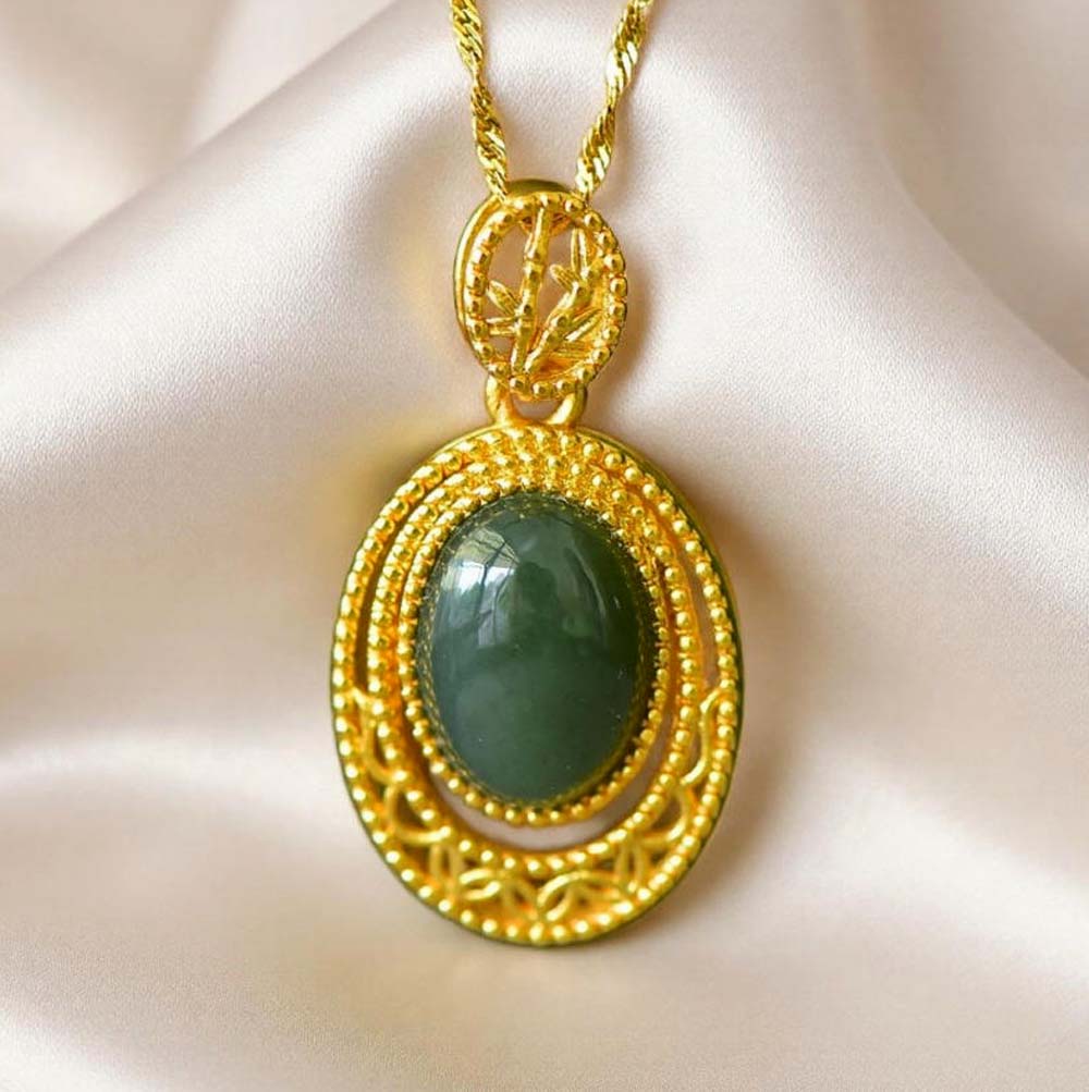 Dark Green Jade Origin Mountain Gold Necklace | Golden Hollow Mirror Frame Classical Wire Blowing CraftComes with a gold ribbed chain and gift box