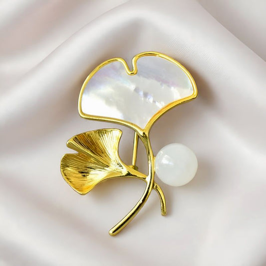 Ginkgo Leaf and Fritillaria Brooch | Natural Hetian White Jade Bead Gilded Ginkgo Corsage - Perfect Gift for Relatives and Friends