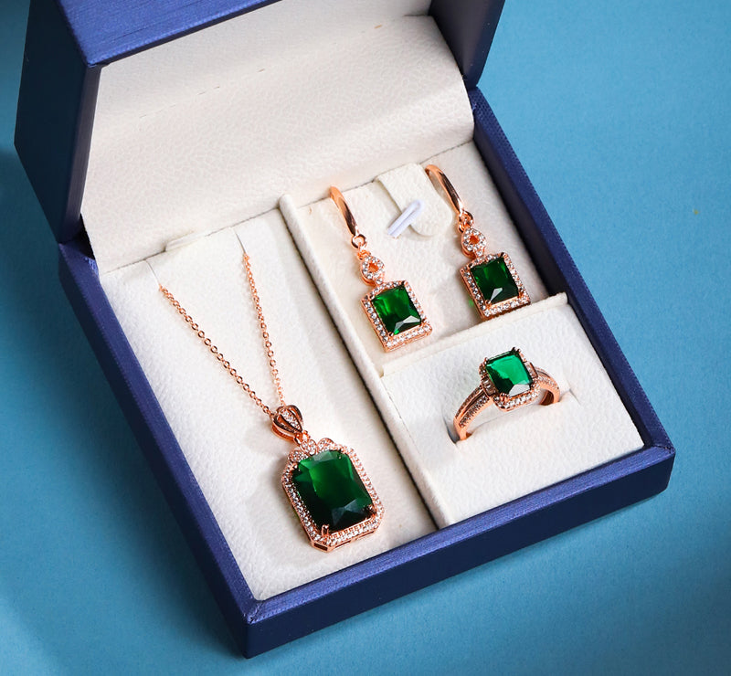 Rose Gold Emerald Square Pendant, Ring, Drop Earrings 3-Piece Set, Best Jewellery Gift for Mum and Wife, Comes in a Wonderful Box