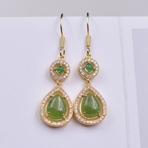 Pair of Hetan Spinach-Green Jade Teardrop Earrings – Featuring plump, vibrant jade stones; elegant, sophisticated, and rich in depth.