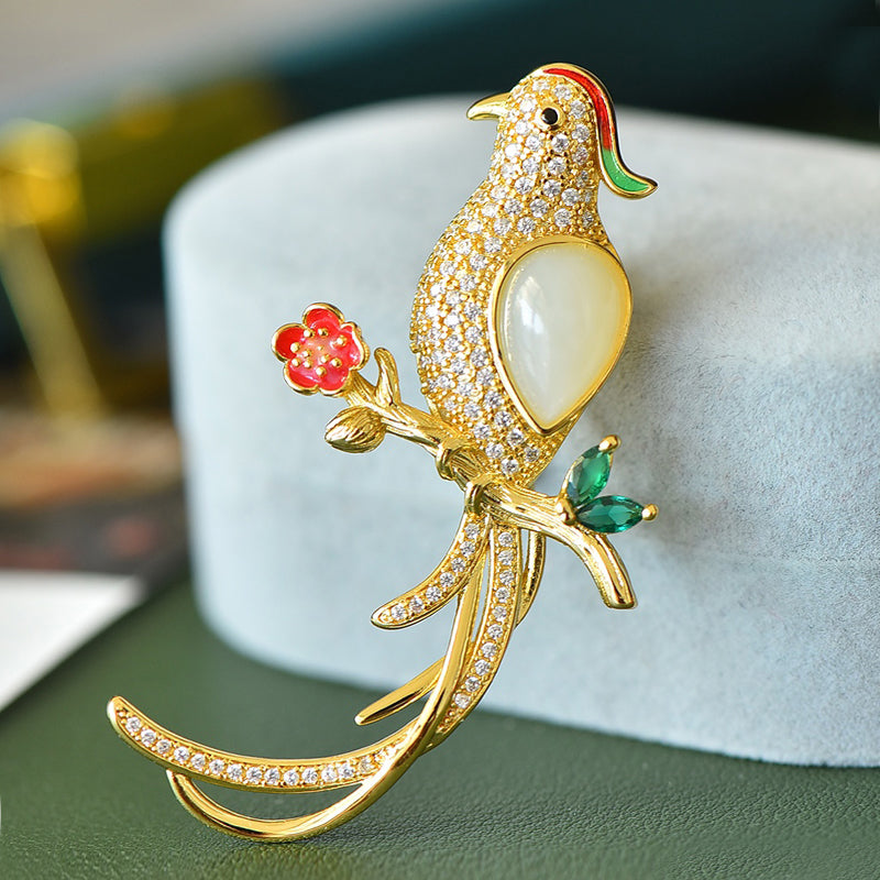Bird and Fence Brooch in Hetian White Jade | Enamel Floral Corsage with Zircon Gold Plating and Bright, Natural Colors