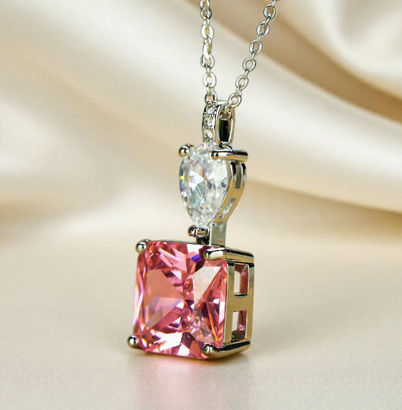 Pink square gemstone, heart-shaped zircon, silver necklace – four-prong setting for the gemstone, romantic and sweet, luxurious.