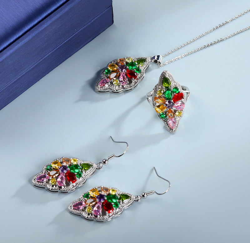 925 Silver Pear-shaped multicoloured gemstone pendant, ring, earrings 3-piece set, the best jewellery gift for mum and wife, comes in a beautiful box