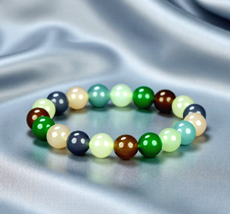 Multicolored natural jade beads, large round beads, mixed elastic bracelet, emerald green, mint white, milky white, gray, blue, brown, tiger eye, five colors strung together.