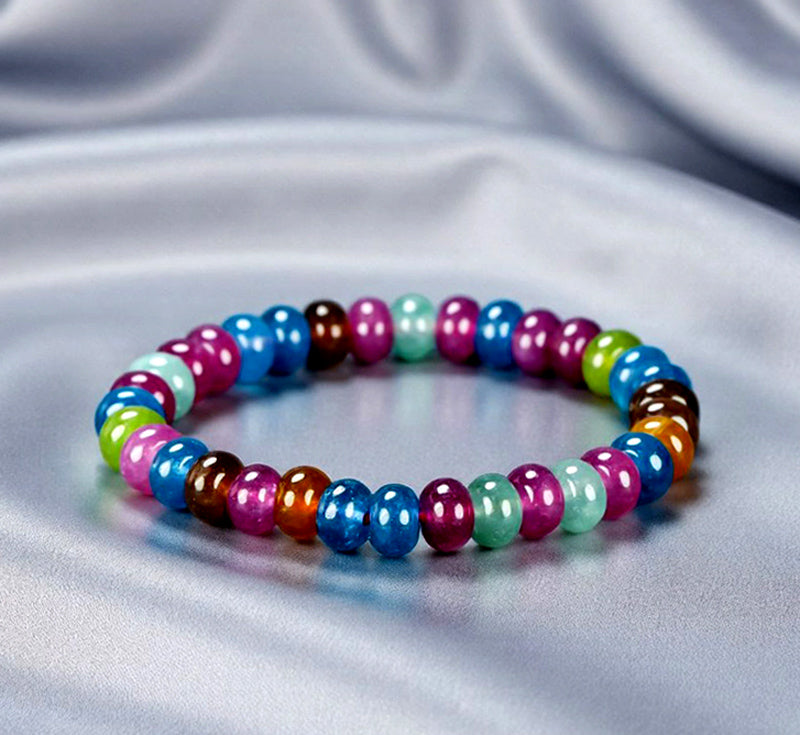 Tourmaline Colorful Candy Flat Round Bead Elastic Bracelet: Rose Red, Blue, Brown, Orange, Green, Mint - A Lively Mix of Colors