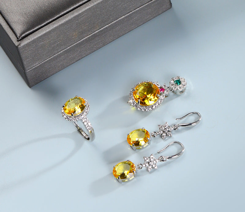 925 Silver Citrine Pendant, Round Ring, 3-Piece Earrings Set, Best Jewellery Gift for Mum and Wife, Comes in a Wonderful Box