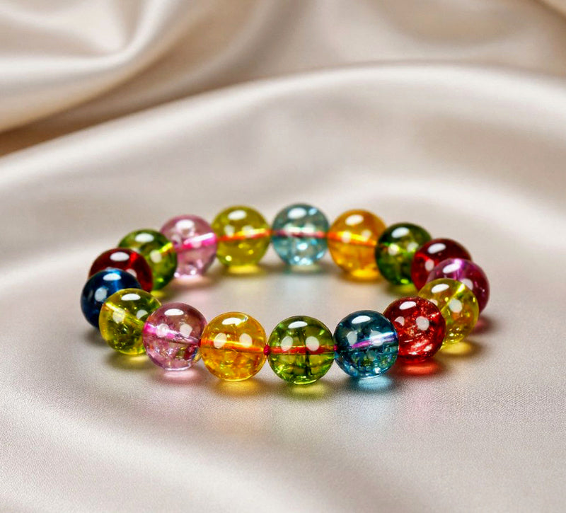 Multicolored Transparent Large Round Bead Elastic Bracelet – Red, Pink, Blue, Olive Green, Orange, Yellow, and Other Multicolored Tourmaline, Crystal Clear