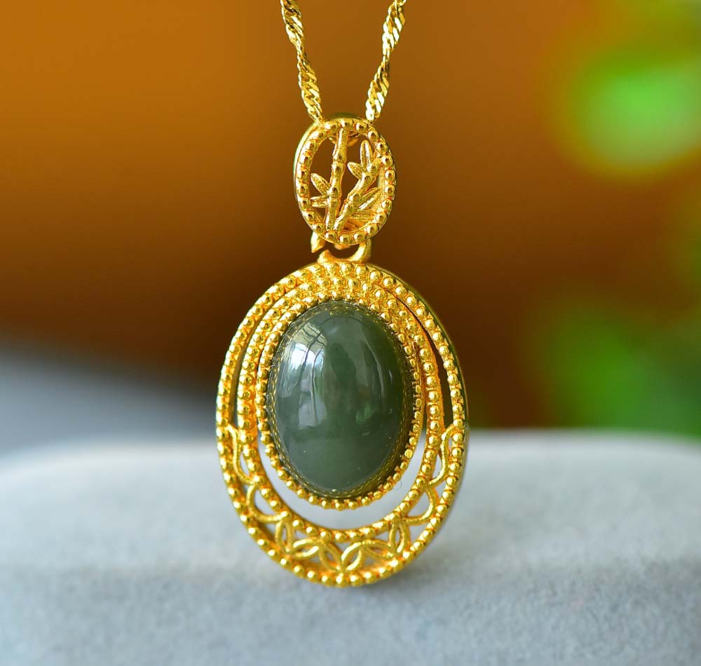 Dark Green Jade Origin Mountain Gold Necklace | Golden Hollow Mirror Frame Classical Wire Blowing CraftComes with a gold ribbed chain and gift box