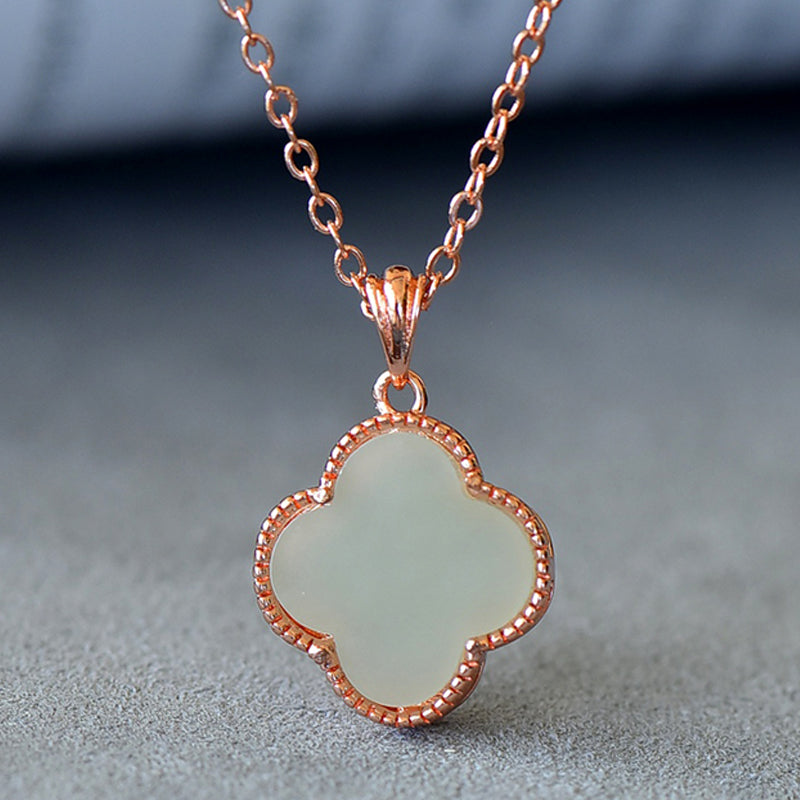 Four-leaf clover rose gold necklace, natural Hetian jade lucky clover pendant necklace, holiday gift and present for relatives and friends.