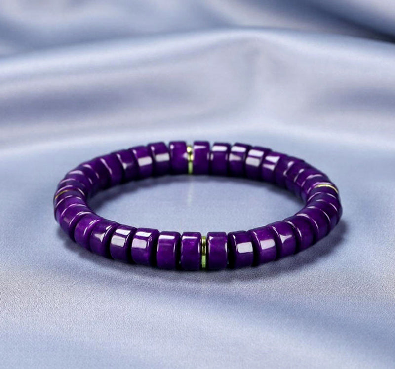 Deep purple Sugilite tablet-shaped bead and gold spacer ring stretch bracelet—exuding a profound, rich, noble, and mysterious aura.