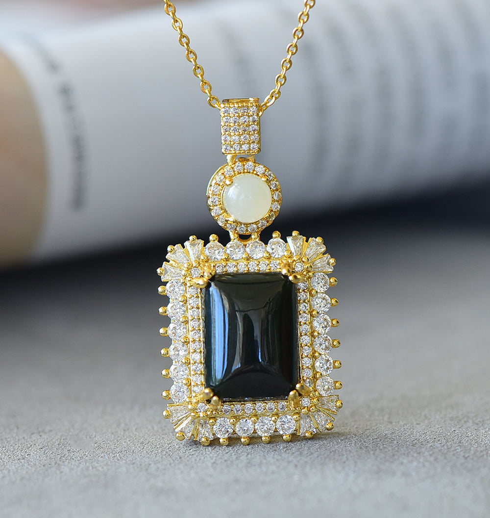 Square-cut Hetian Black Jade Pendant Necklace with Zircon Accents – Deep black, mysterious, luxurious, and elegant; comes with an exquisite gift box.