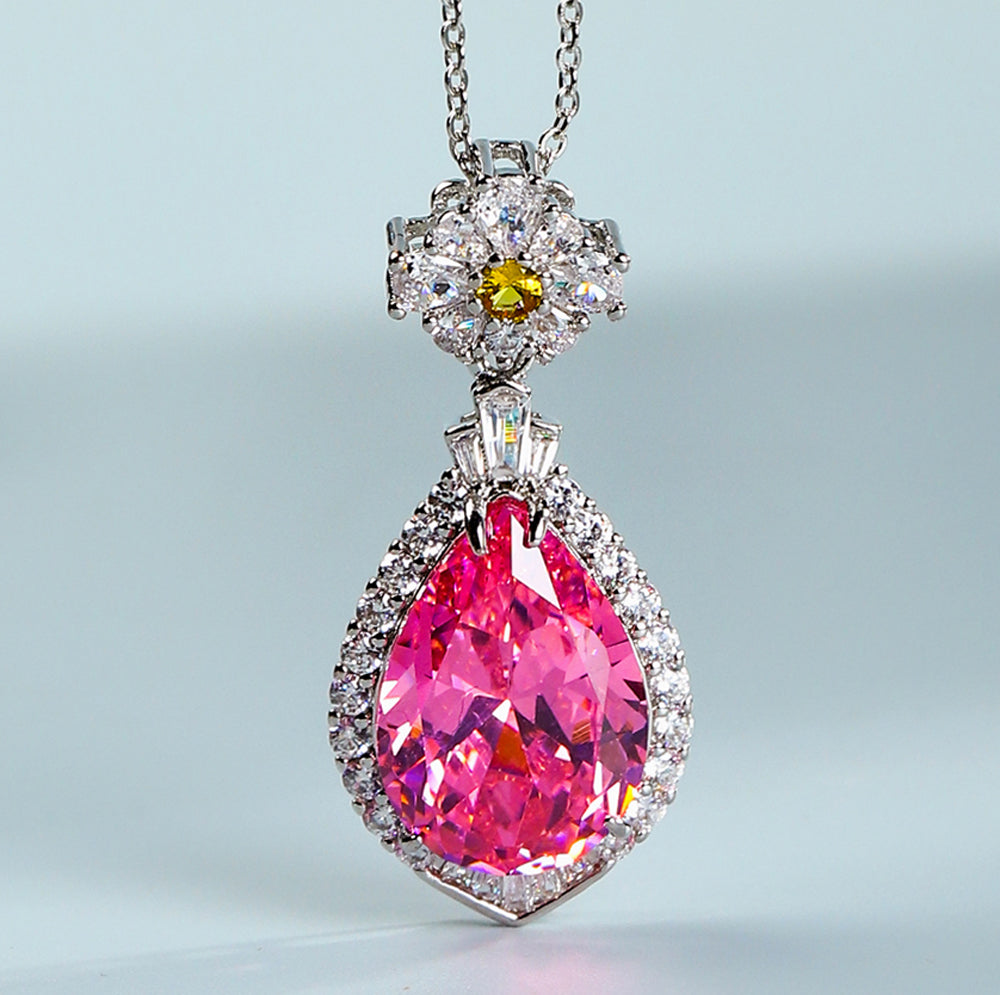 Pink Teardrop Gemstone Necklace – 925 Silver with Zircon Inlaid Floral Design, Vanadite Set Clasp, Exquisite Gift Box