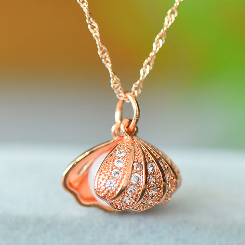Rose Gold Shell and Hetian Jade Necklace – Featuring Zircon Accents Set Along the Shell; The Perfect Gift for Yourself or a Loved One.