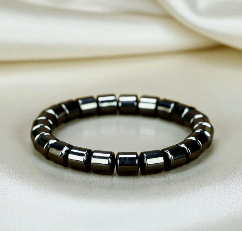 Black Terahertz Barrel Bead Elastic Bracelet – Natural metallic luster, magnetic therapy, health benefits, simple and rugged, suitable for both men and women.
