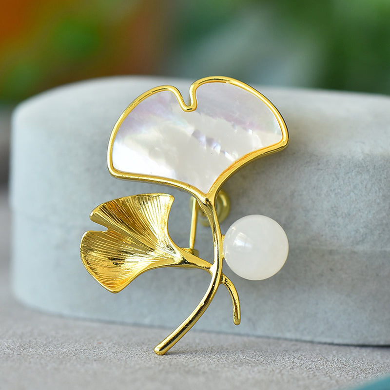 Ginkgo Leaf and Fritillaria Brooch | Natural Hetian White Jade Bead Gilded Ginkgo Corsage - Perfect Gift for Relatives and Friends