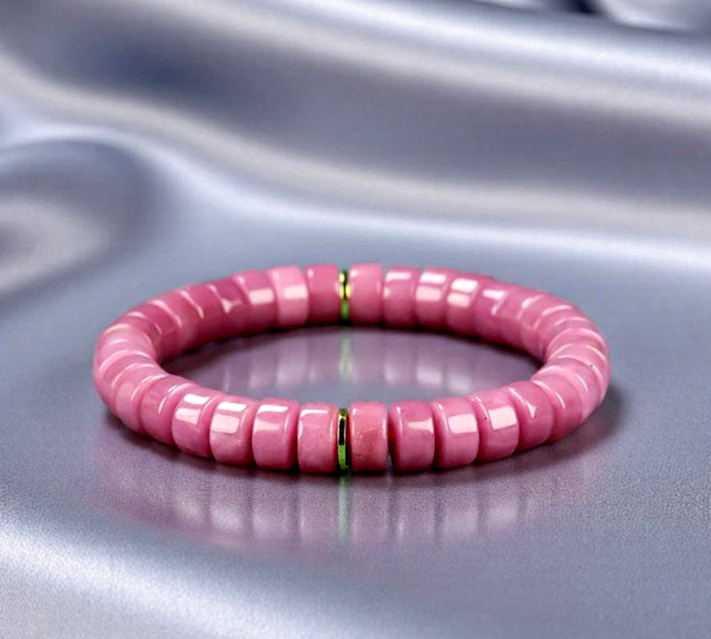 Pink Sugilite Elastic Bracelet featuring Tablet-Shaped Beads and Gold Spacer Rings—Matte Finish, Sweet Girly Style, Gentle and Romantic.