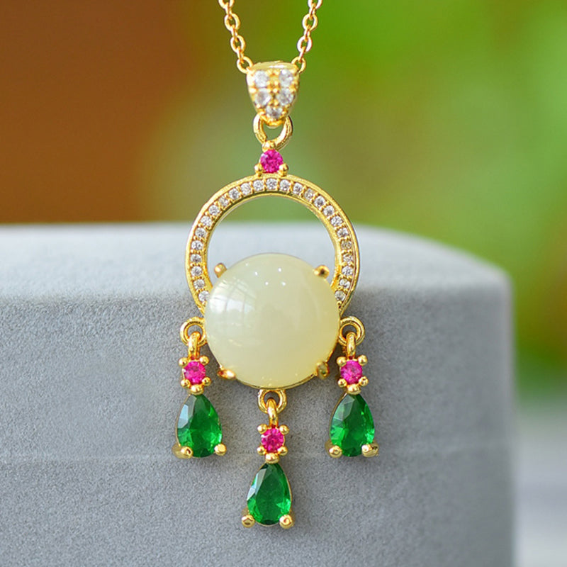 18K Gold, Hetian Jade, and Colored Gemstone Tassel Necklace — A precious gift for yourself or a loved one.