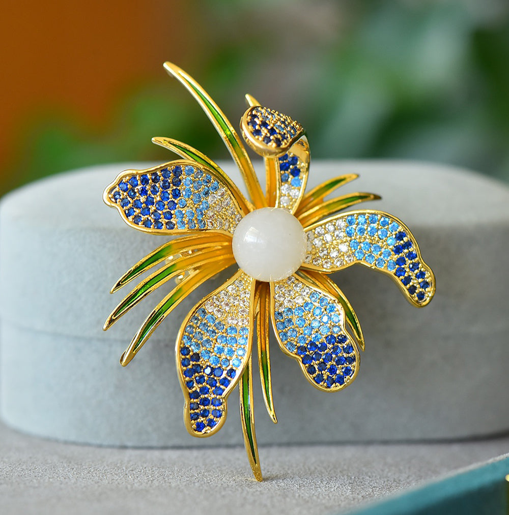Blue gradient orchid brooch made of Hetian white jade | Full-coverage zircon enamel gold-plated orchid corsage  Exquisite gift box