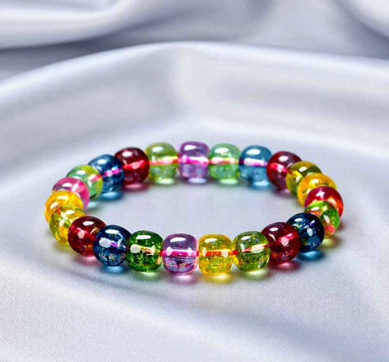 Multi-colored tourmaline barrel bead elastic bracelet - rose red, blue, olive green, yellow, purple, and other colors, crystal clear like rainbow candy.