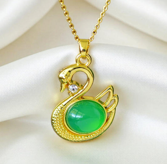 Emerald Jade Necklace in Swan Design – Gold Swan Inlaid with Emerald Jade Accented with White Vanadium, Ideal for