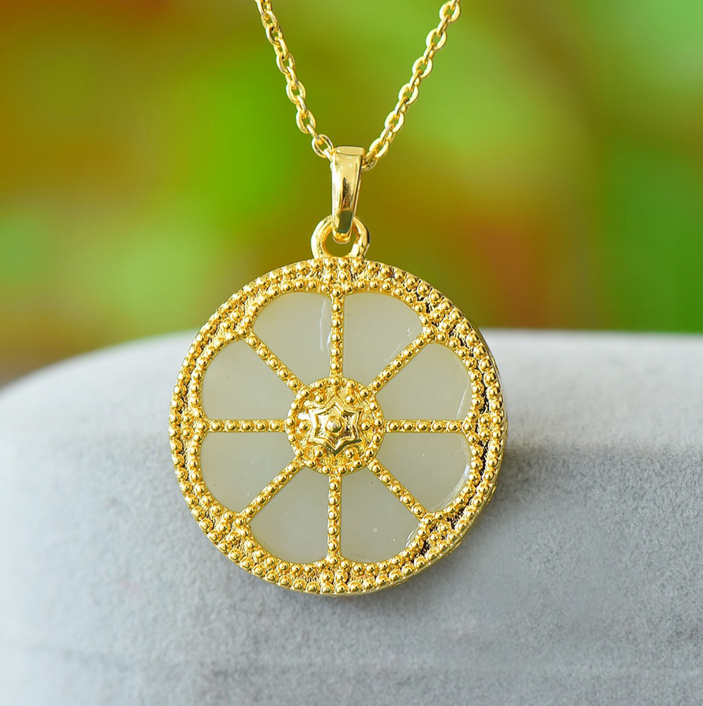 Round Dharma Wheel Necklace with Eight-Petaled Flower Hetian Jade Constructed with white jade segments separated by golden spokes