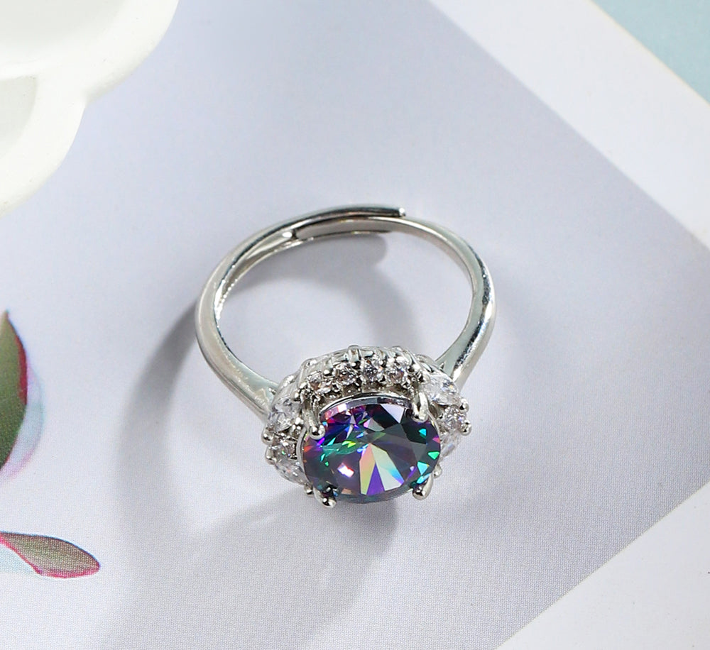 Iridescent Round Gemstone Open Silver Ring – Rainbow Refraction & Zircon Inlay – Adjustable Band – Includes Exquisite Gift Box