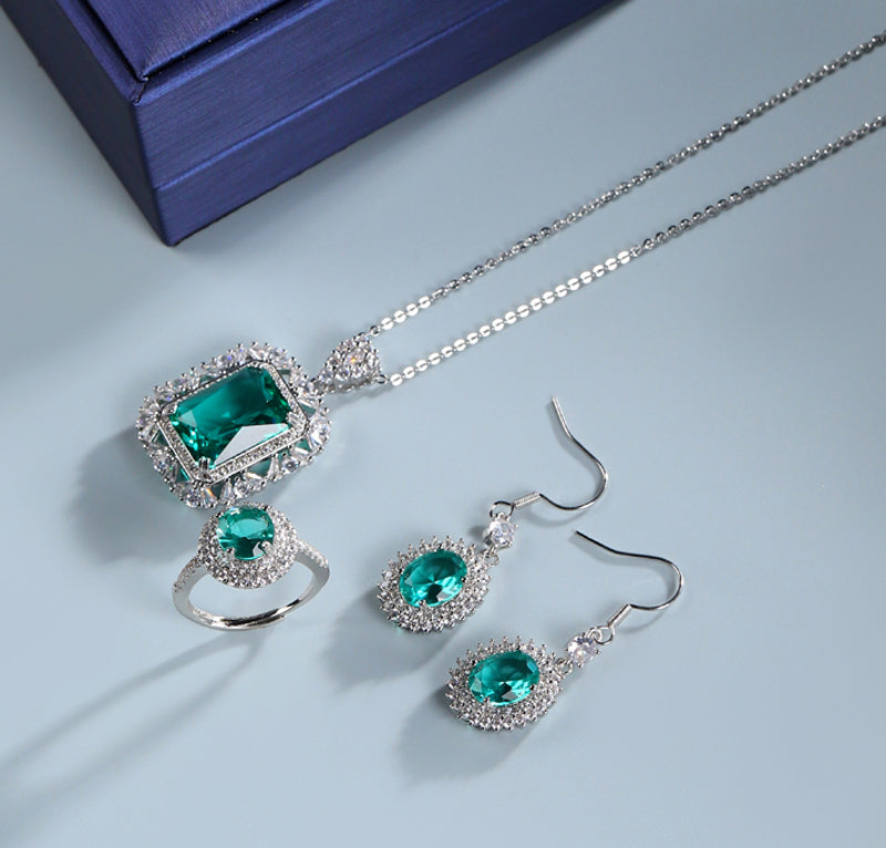 925 Silver Emerald Pendant, Round Ring, Earrings 3 Piece Set, Best Jewellery Gift for Mum and Wife, Comes in a Beautiful Box