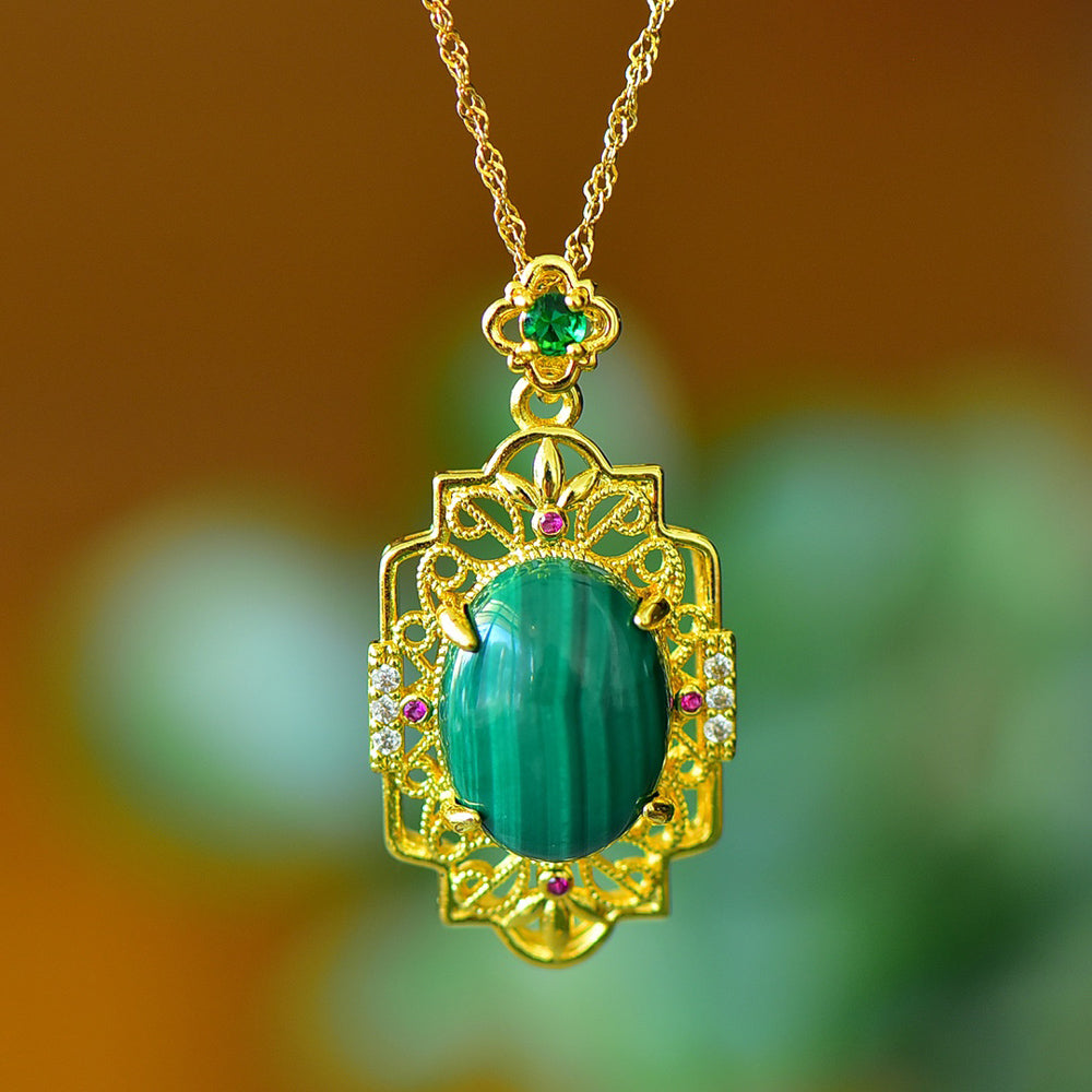 Malachite oval main stone, gold openwork court floral frame, ruby embellishment pendant necklace – emerald green natural veins