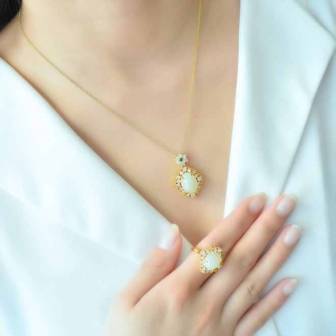 Set Handmade Inlay White Jade Women Lady Wedding Ring Necklace Fashion Jewelry Gift Box