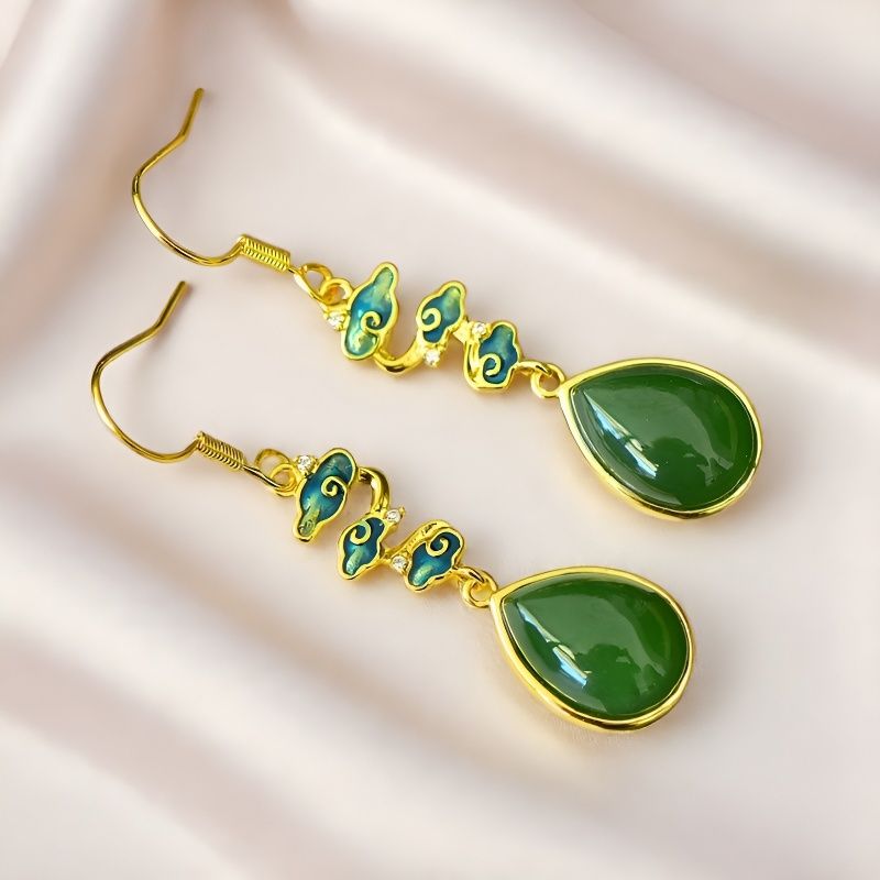 A pair of Hetian jade teardrop enamel auspicious cloud earrings – Classic Chinese style, elegant and lively, bringing good fortune and happiness.