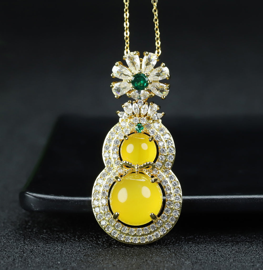 Yellow Agate Gourd Necklace – Accented with Double-Layer Zircon; Symbolizing Abundant Wealth and Double Blessings (Fortune and Longevity)  Exquisite gift box