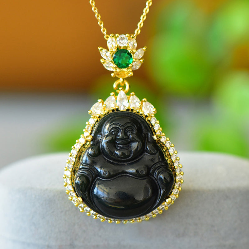 Hetian black jade Maitreya Buddha pendant necklace with gold-set zircon edges – The ever-smiling Maitreya brings peace, blessings, and good fortune.
