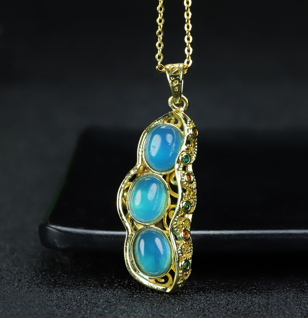 Sky blue chalcedony pendant necklace with three round pea pod beads, clear, fresh, lively, creative, cute, and symbolizing many children and blessings.