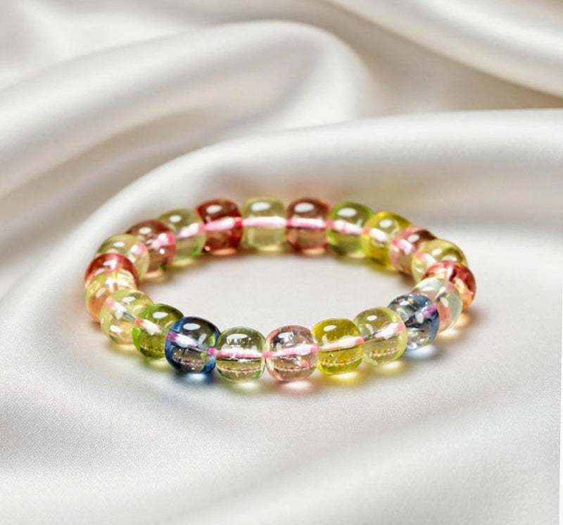 Colorful Tourmaline Elastic Bracelet with Red, Green, Blue, and Yellow Transparent Beads and Elastic Cord - Dreamy and Romantic