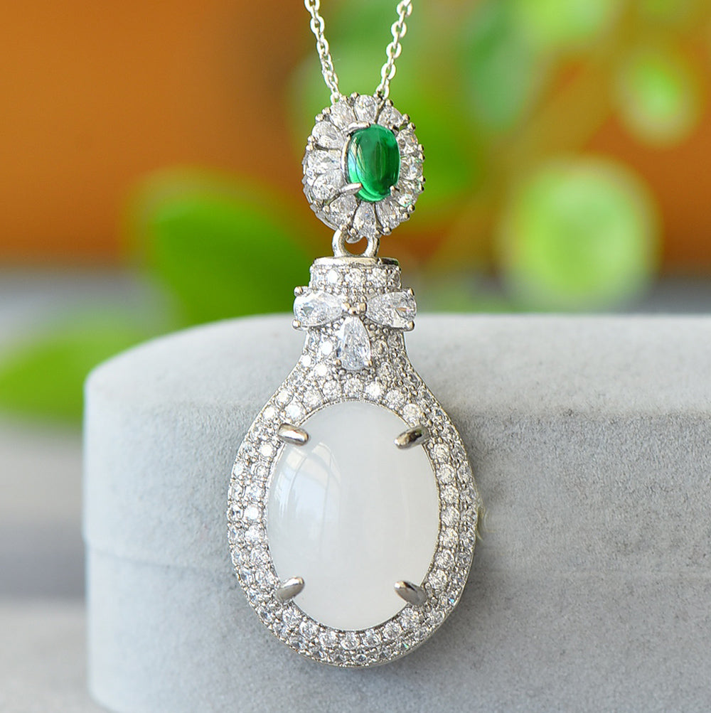 Hetian jade silver teardrop-shaped pendant necklace – double-layered zircon embellishments, elegant and luxurious Comes with an exquisite gift box