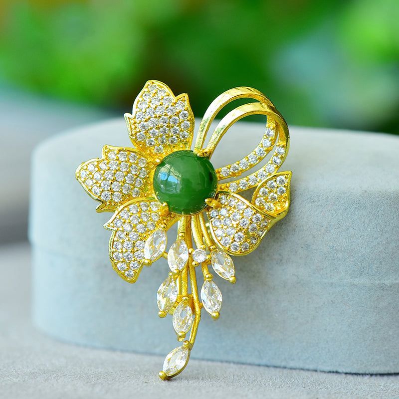 Jadeite Heart Butterfly Flower Brooch | Fully Inlaid Zircon Gold-Plated Tassel Brooch with Exquisite Inlay  Exquisite Gift Box