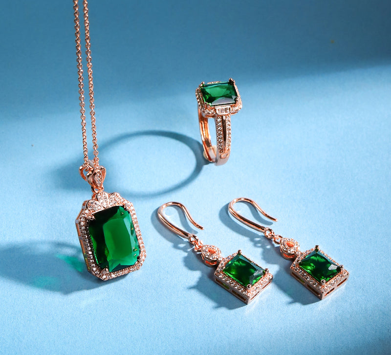 Rose Gold Emerald Square Pendant, Ring, Drop Earrings 3-Piece Set, Best Jewellery Gift for Mum and Wife, Comes in a Wonderful Box