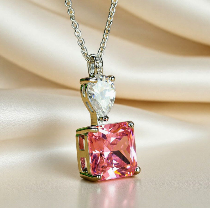 Pink square gemstone, heart-shaped zircon, silver necklace – four-prong setting for the gemstone, romantic and sweet, luxurious.
