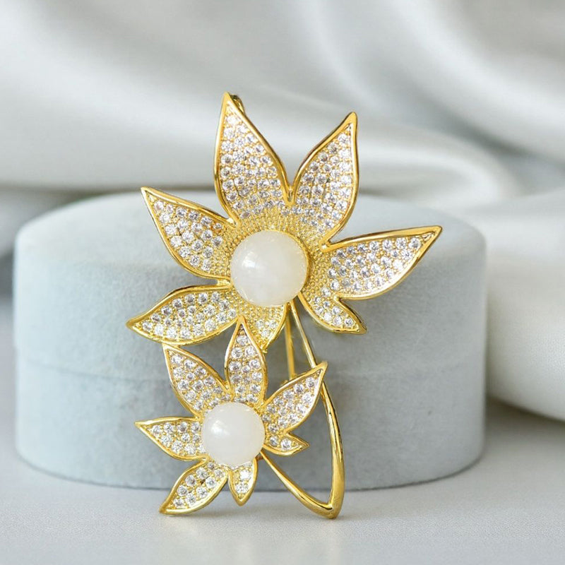 Double Flower Hetian White Jade Brooch | Zircon Inlaid Gold-Plated Lily Corsage Brooch - Suitable for Everyday Wear