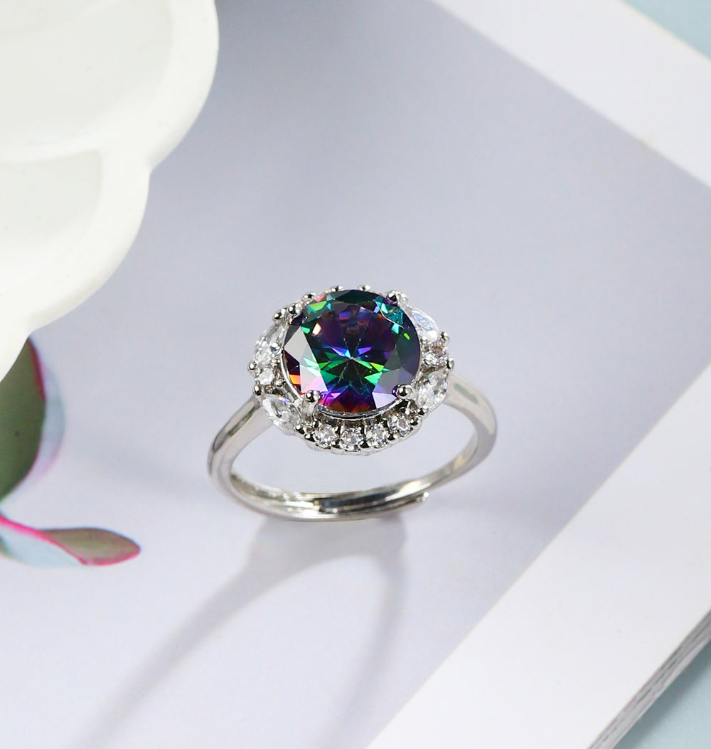 Iridescent Round Gemstone Open Silver Ring – Rainbow Refraction & Zircon Inlay – Adjustable Band – Includes Exquisite Gift Box