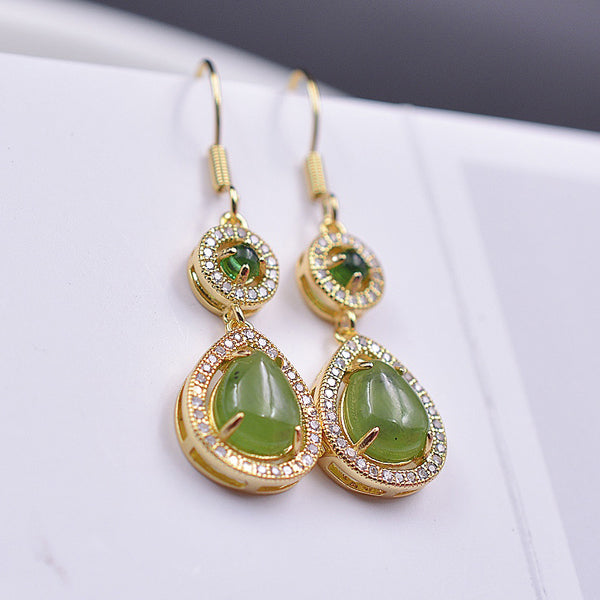 Pair of Hetan Spinach-Green Jade Teardrop Earrings – Featuring plump, vibrant jade stones; elegant, sophisticated, and rich in depth.