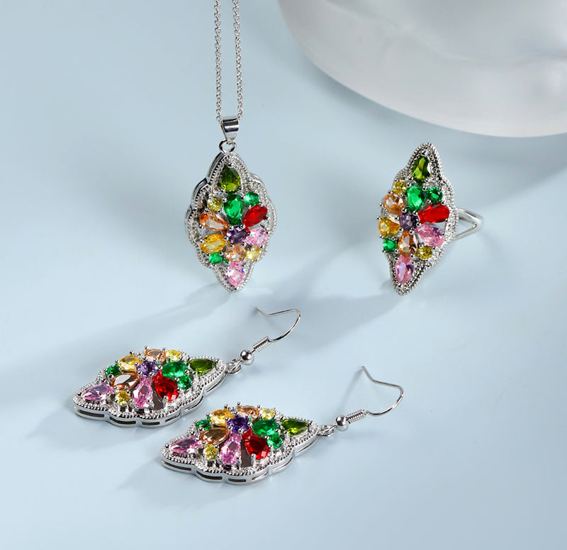 925 Silver Pear-shaped multicoloured gemstone pendant, ring, earrings 3-piece set, the best jewellery gift for mum and wife, comes in a beautiful box