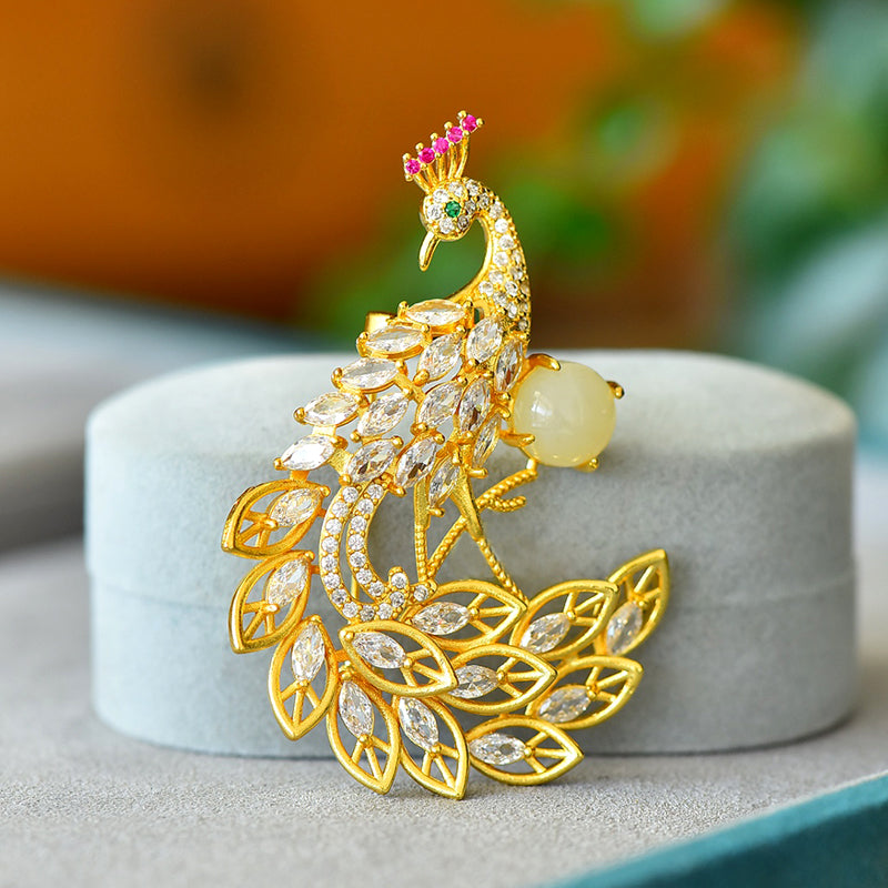 Hetian jade round bead pink and green gemstone embellished brooch – Peacock spreading its tail feathers, auspicious and luxurious brooch